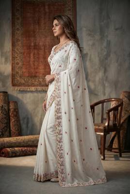 White silk blend saree with work blouse  2