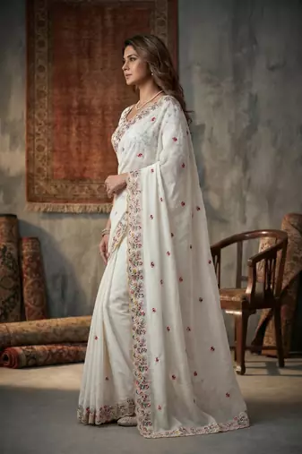 White silk blend saree with work blouse 