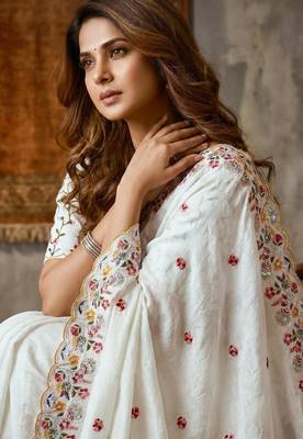 White silk blend saree with work blouse  3