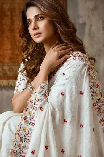 White silk blend saree with work blouse 