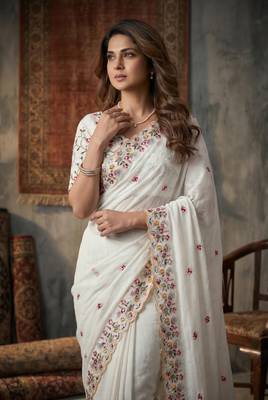 White silk blend saree with work blouse  4