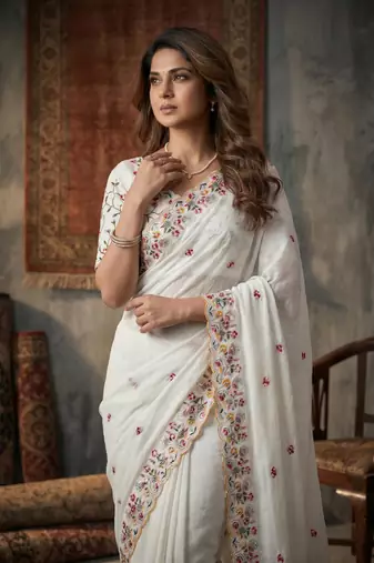 White silk blend saree with work blouse 
