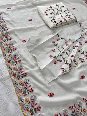 White silk blend saree with work blouse  7