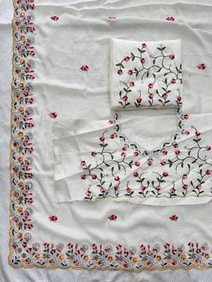 White silk blend saree with work blouse  9