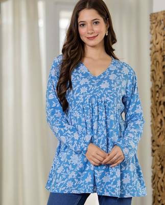 Blue floral printed cotton tunic short kurti top for women 1