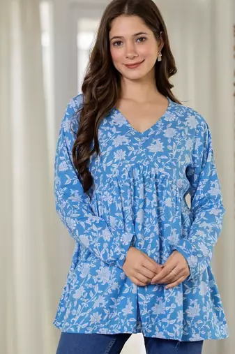 Blue floral printed cotton tunic short kurti top for women