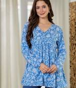 Blue floral printed cotton tunic short kurti top for women