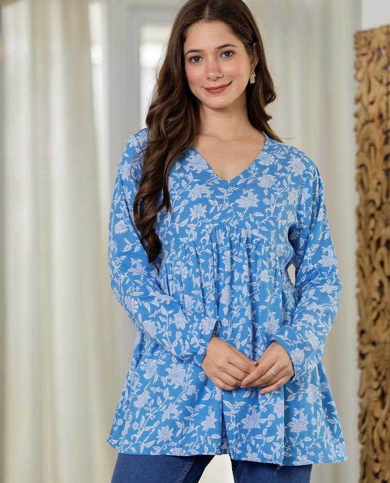 Blue floral printed cotton tunic short kurti top for women