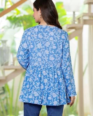 Blue floral printed cotton tunic short kurti top for women 2