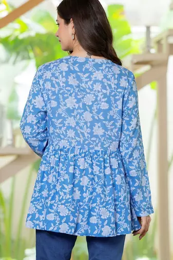 Blue floral printed cotton tunic short kurti top for women
