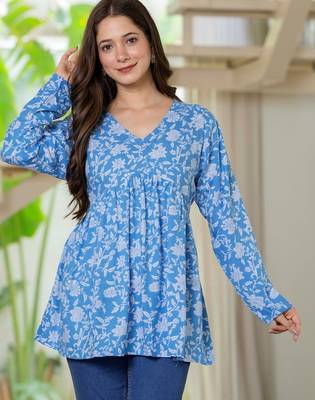 Blue floral printed cotton tunic short kurti top for women 3