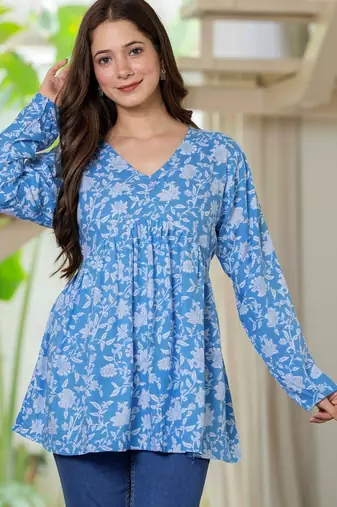 Blue floral printed cotton tunic short kurti top for women