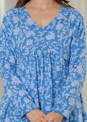 Blue floral printed cotton tunic short kurti top for women 5