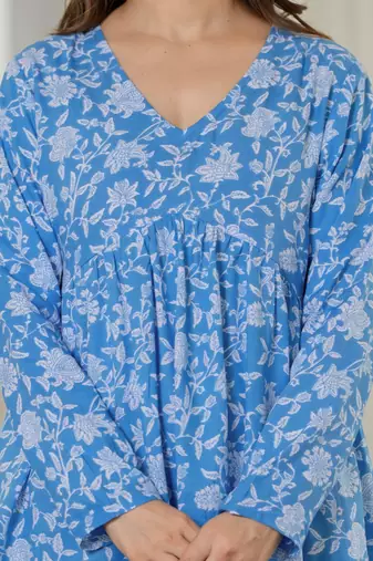 Blue floral printed cotton tunic short kurti top for women