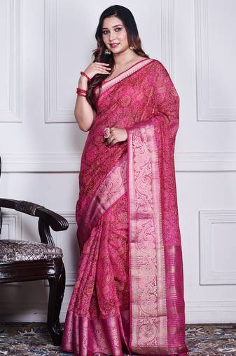 Pink script printed orzanga saree