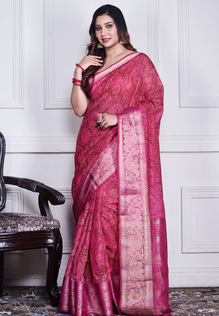 Pink script printed orzanga saree