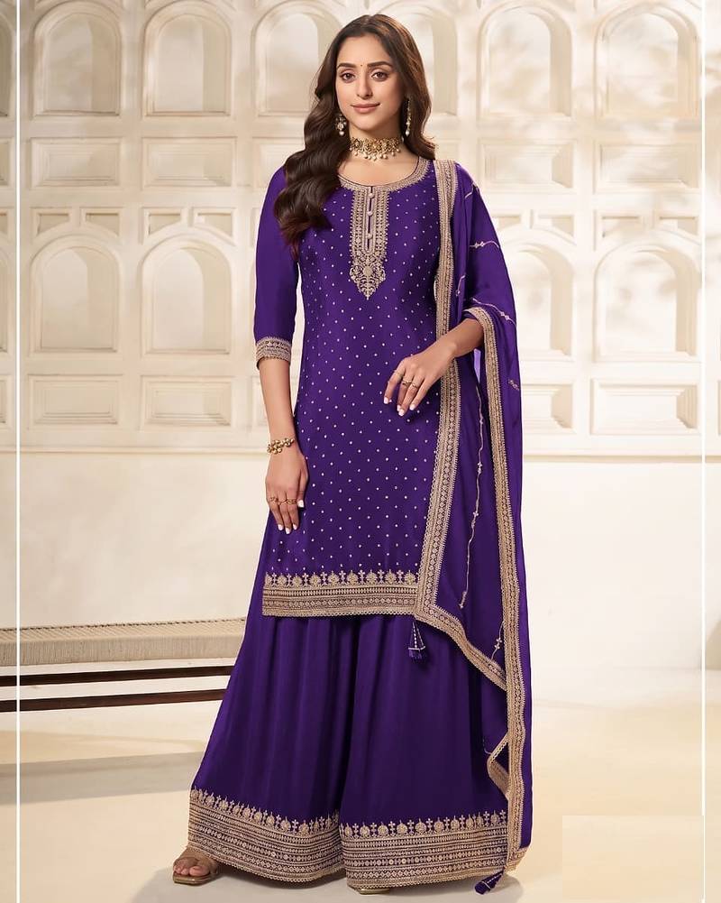Purple silk wedding semi stitched palazzo set