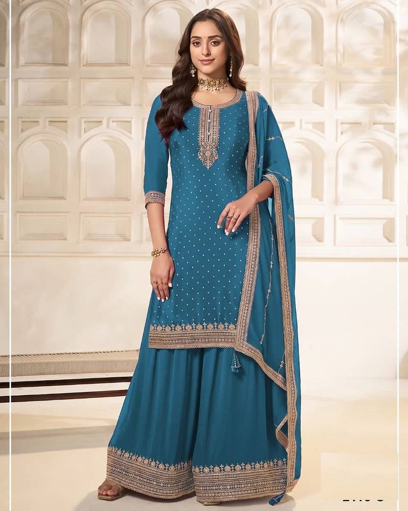 Light blue silk wedding semi stitched palazzo set