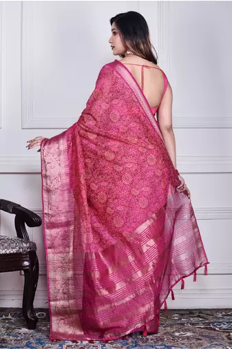 Pink script printed orzanga saree