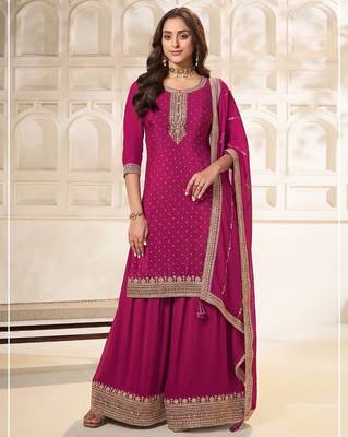 Magenta silk wedding semi stitched palazzo set 1