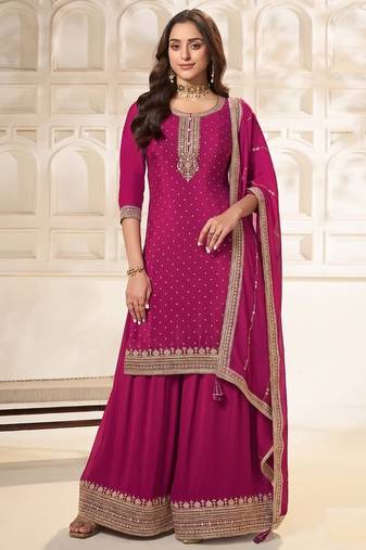 Magenta silk wedding semi stitched palazzo set