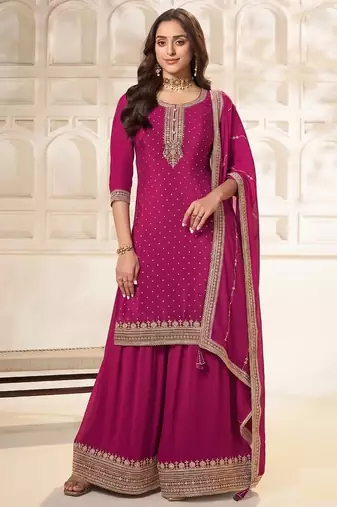 Magenta silk wedding semi stitched palazzo set