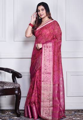 Pink script printed orzanga saree 3