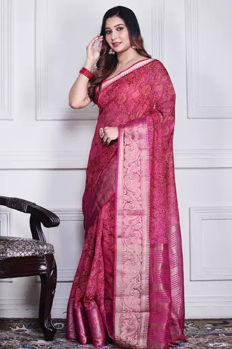 Pink script printed orzanga saree