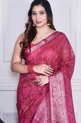 Pink script printed orzanga saree