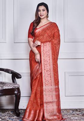Red script printed orzanga saree 1