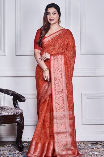 Red script printed orzanga saree