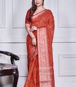Red script printed orzanga saree
