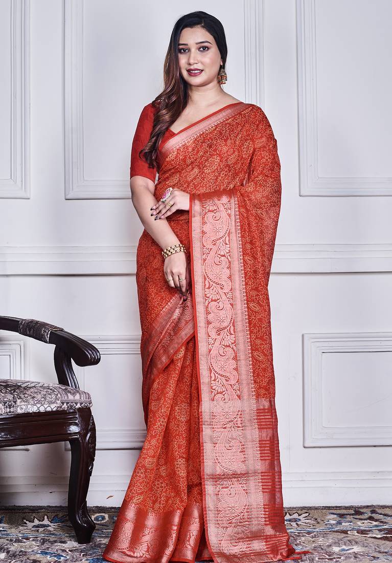 Red script printed orzanga saree