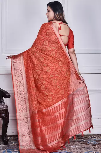 Red script printed orzanga saree