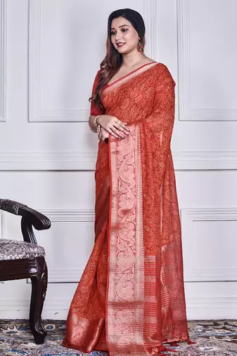 Red script printed orzanga saree