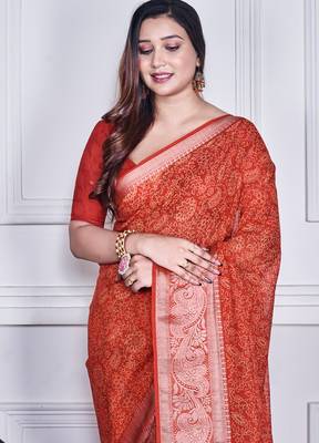Red script printed orzanga saree 4