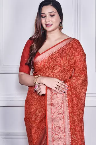 Red script printed orzanga saree