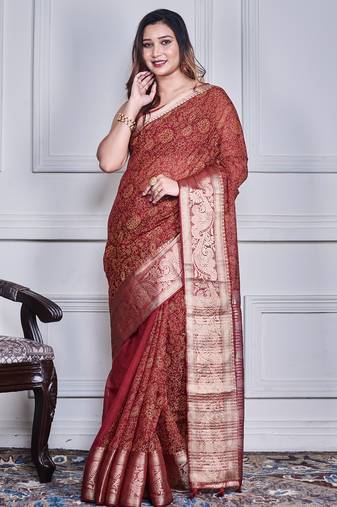 Maroon script printed orzanga saree