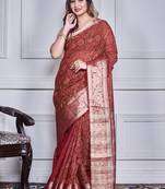 Maroon script printed orzanga saree