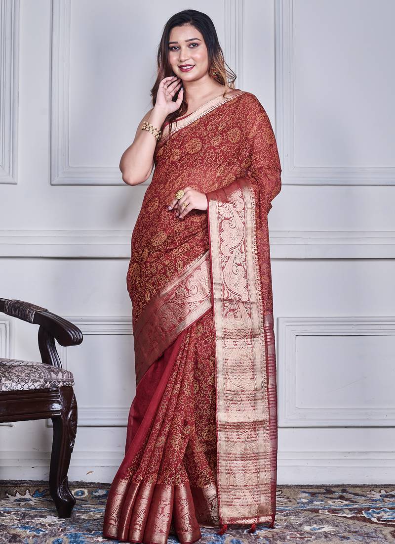 Maroon script printed orzanga saree