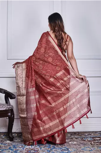 Maroon script printed orzanga saree