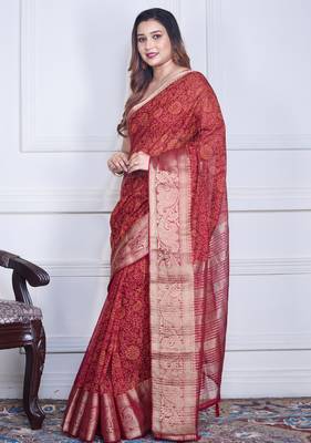 Maroon script printed orzanga saree 3