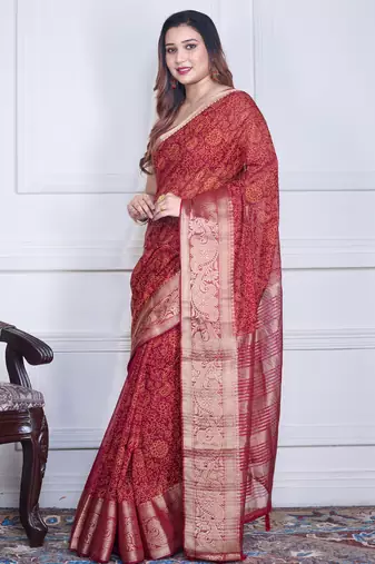 Maroon script printed orzanga saree