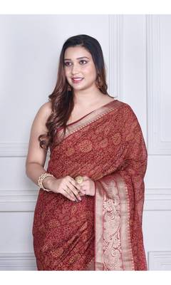 Maroon script printed orzanga saree 4