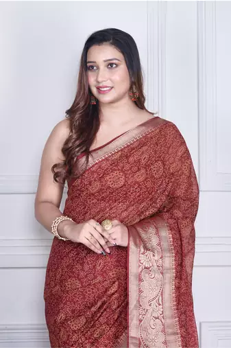 Maroon script printed orzanga saree