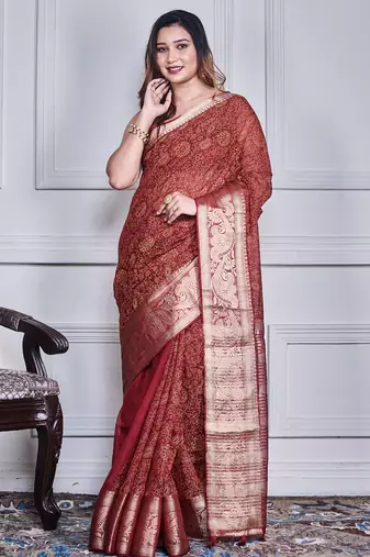 Maroon script printed orzanga saree