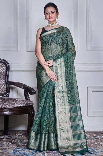 Green script printed orzanga saree