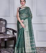 Green script printed orzanga saree
