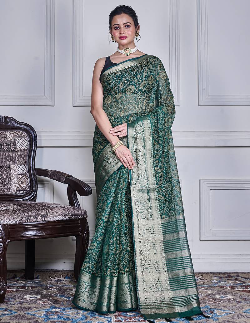 Green script printed orzanga saree