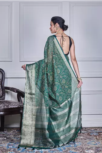 Green script printed orzanga saree